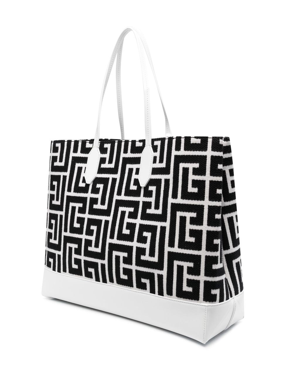 BALMAIN WOMEN Medium monogram jacquard shopping bag White/Black - MAISONDEFASHION.COM