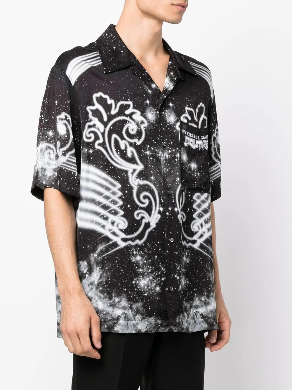 VERSACE Galaxy Print Logo Short Sleeve Shirt Black/White - MAISONDEFASHION.COM