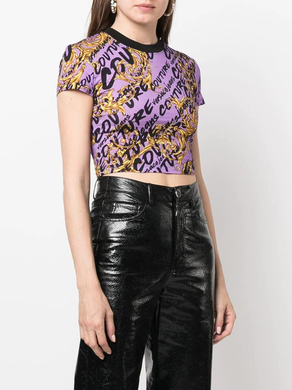 VERSACE WOMEN Baroque Print All Over Logo Cropped T-Shirt Pink - MAISONDEFASHION.COM