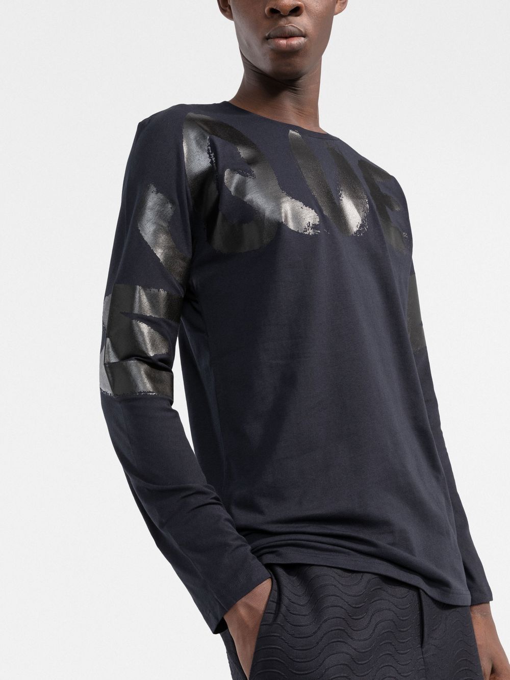 ALEXANDER MCQUEEN Graffiti Logo Print Long Sleeve T-Shirt Navy - MAISONDEFASHION.COM