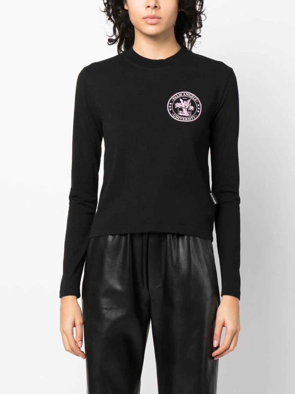 PALM ANGELS WOMEN College Fitted Tee L/S Black/Coral - MAISONDEFASHION.COM