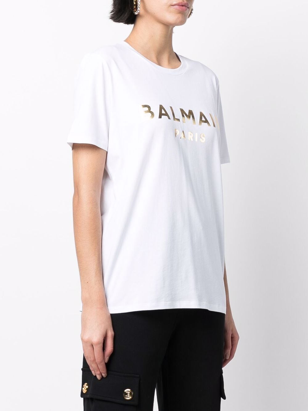 BALMAIN WOMEN Foiled logo-print cotton T-shirt White - MAISONDEFASHION.COM