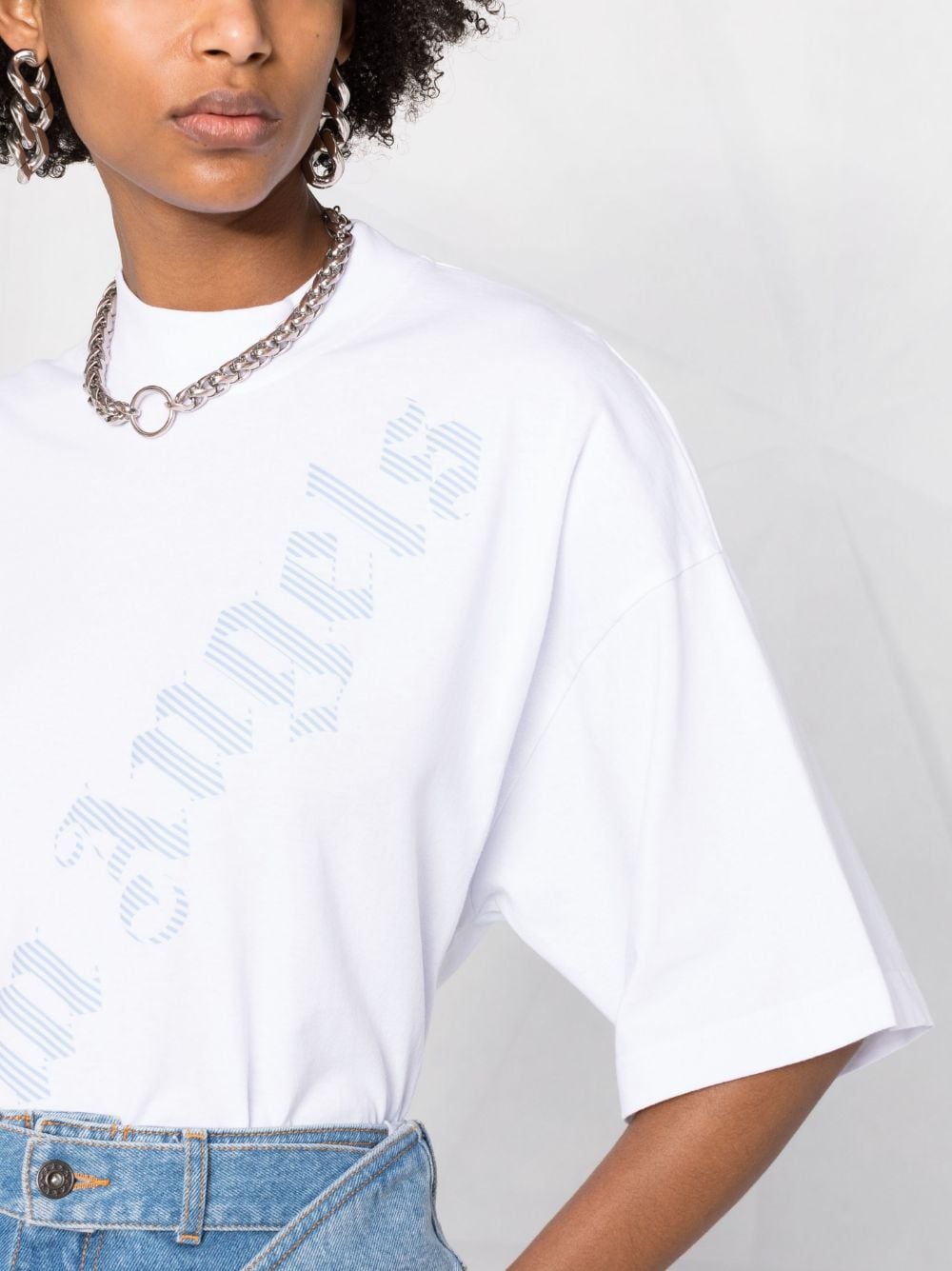PALM ANGELS WOMEN Stripe Loose Fit Logo T-Shirt White/Blue - MAISONDEFASHION.COM