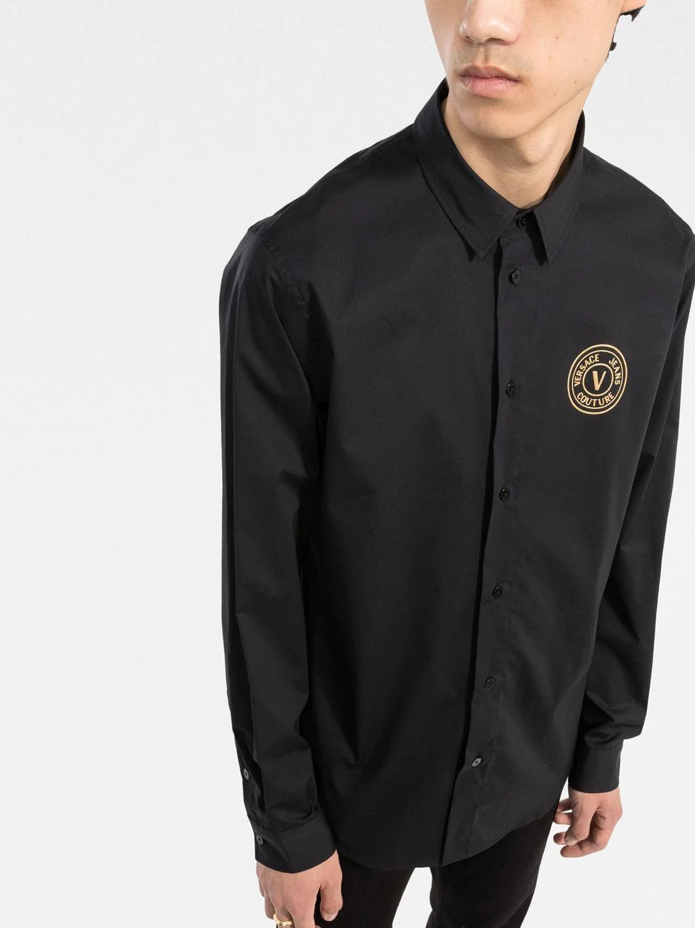 VERSACE V-Emblem Print Logo Shirt Black - MAISONDEFASHION.COM