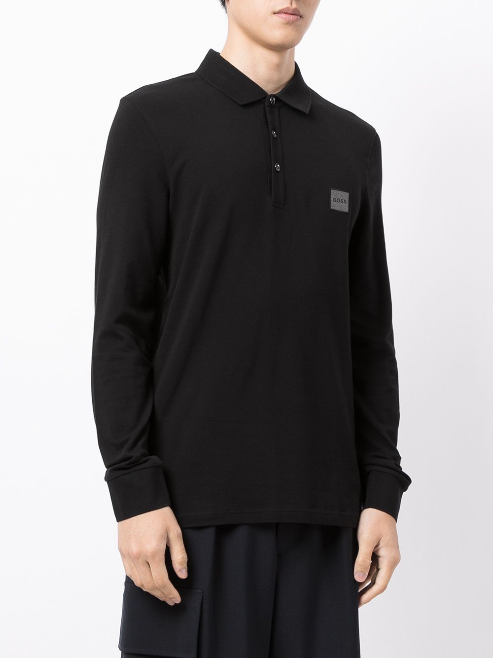 BOSS Logo Patch Long Sleeve Polo Shirt Black - MAISONDEFASHION.COM