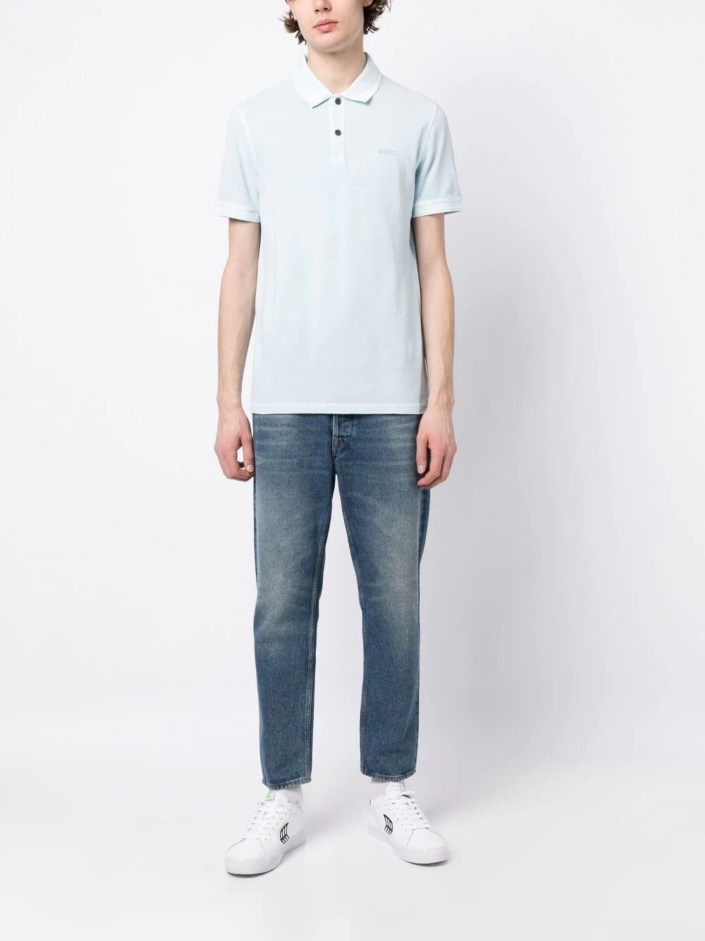 BOSS Logo-embossed Cotton Polo Shirt Open Blue - MAISONDEFASHION.COM