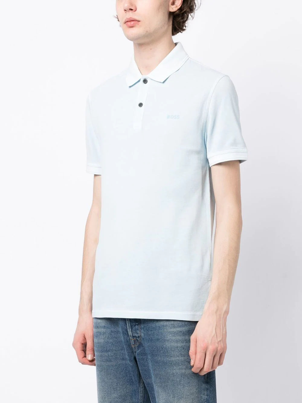 BOSS Logo-embossed Cotton Polo Shirt Open Blue - MAISONDEFASHION.COM