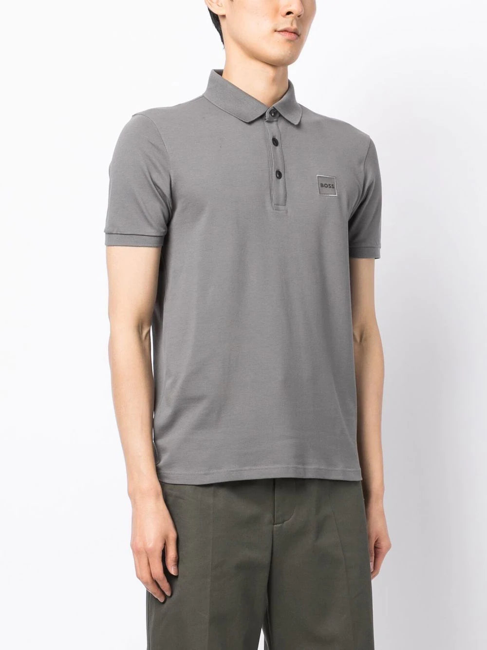 BOSS Logo-patch Cotton Polo Shirt Dark Grey - MAISONDEFASHION.COM