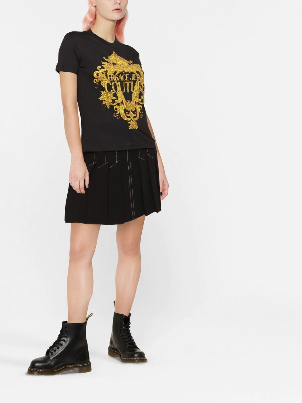 VERSACE WOMEN Baroque Crystal Logo T-Shirt Black - MAISONDEFASHION.COM