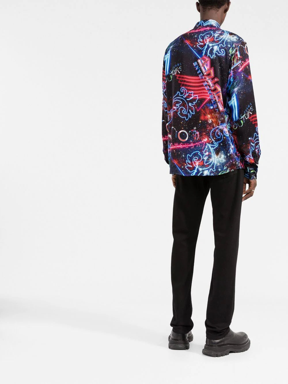 VERSACE Galaxy Print Logo Long Sleeve Shirt Multicolor - MAISONDEFASHION.COM