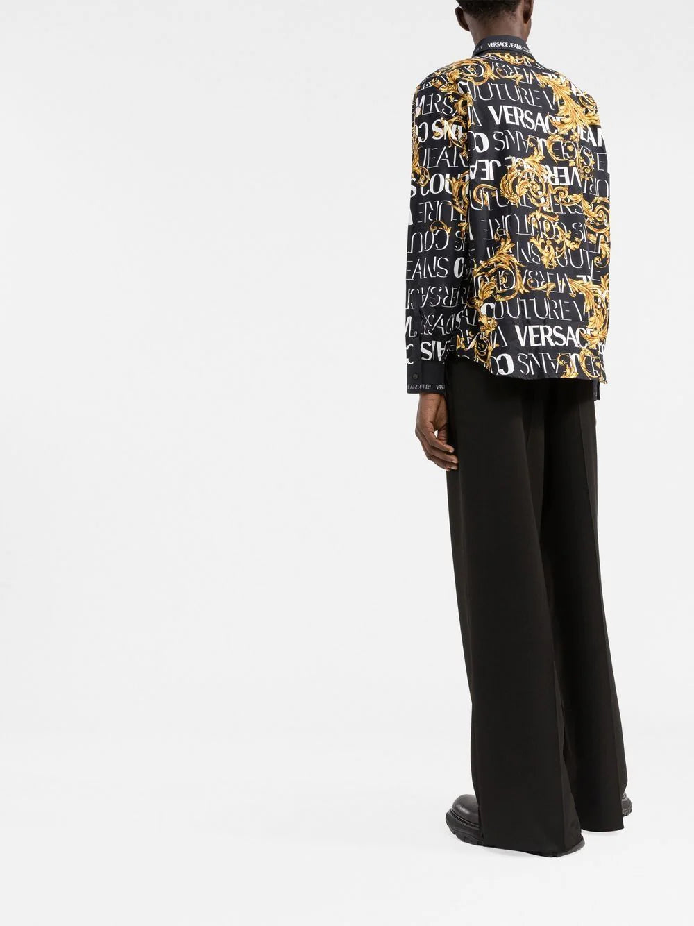 VERSACE Baroque Print Logo Long Sleeve Shirt Black - MAISONDEFASHION.COM