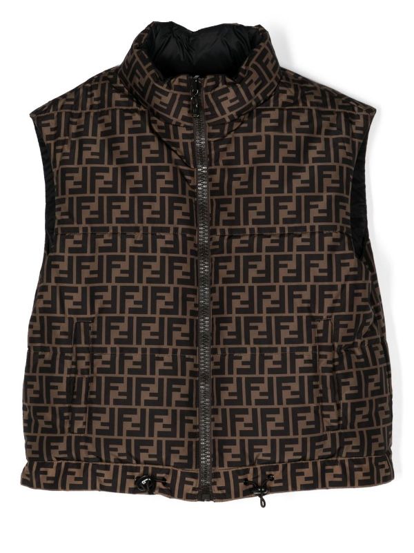 FENDI KIDS FF Monogram-Print Reversible Gilet Black/Brown - MAISONDEFASHION.COM