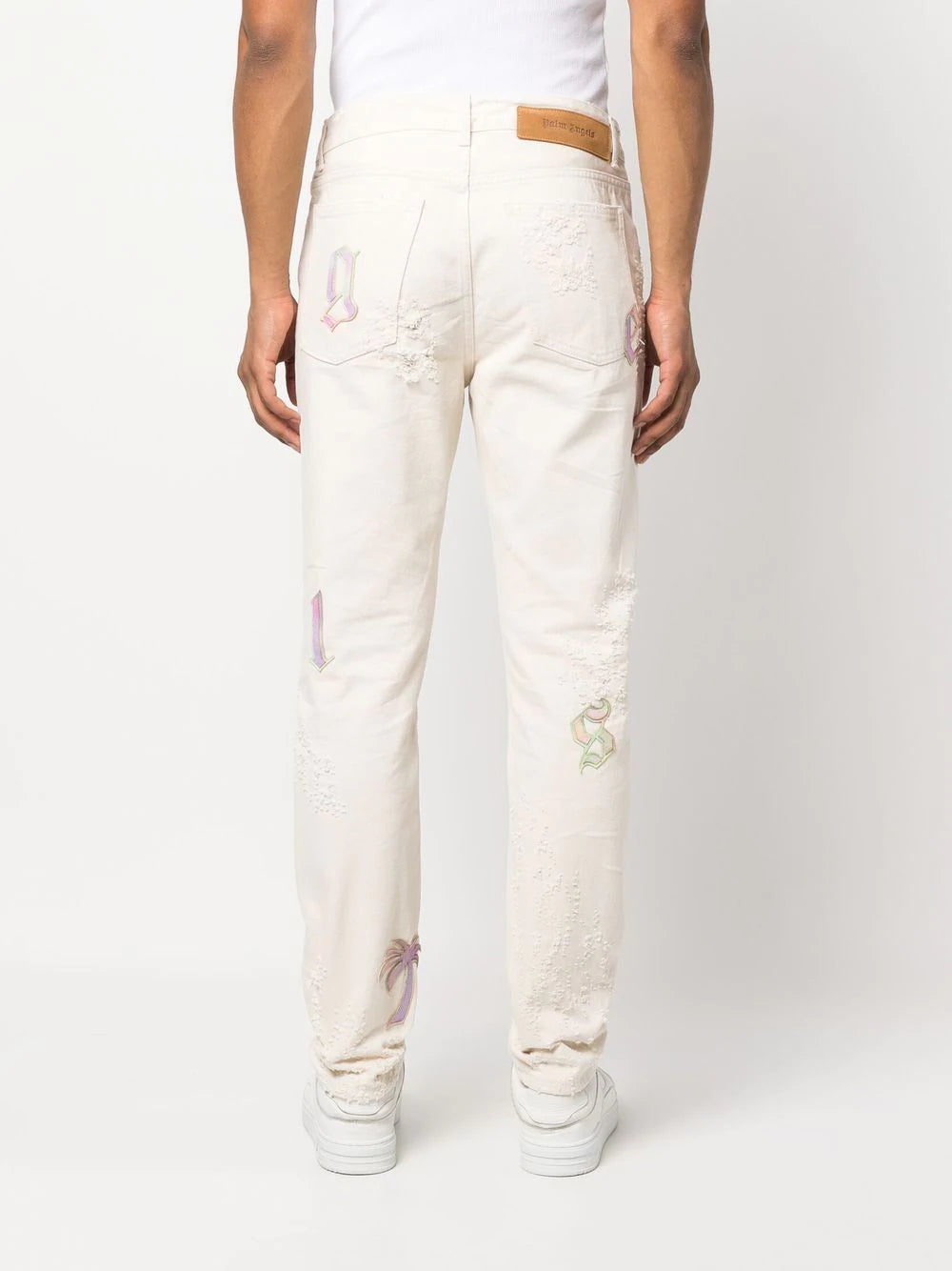 PALM ANGELS Bull Rainbow Logo Patch Reg 5 Pocket Jeans Off White - MAISONDEFASHION.COM