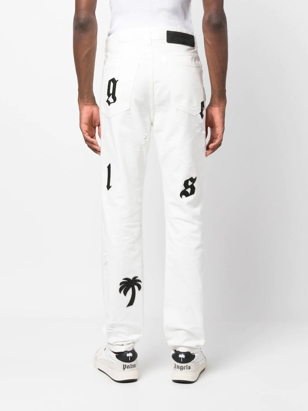 PALM ANGELS Bull Logo Patch Reg 5 Pocket Jeans Off White - MAISONDEFASHION.COM