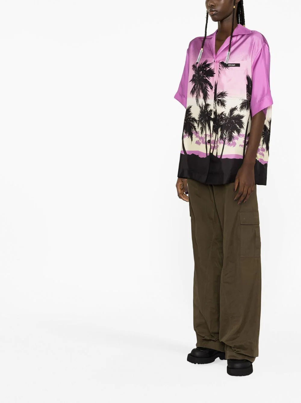 PALM ANGELS WOMEN Pink Sunset Bowling Shirt Purple/Black - MAISONDEFASHION.COM