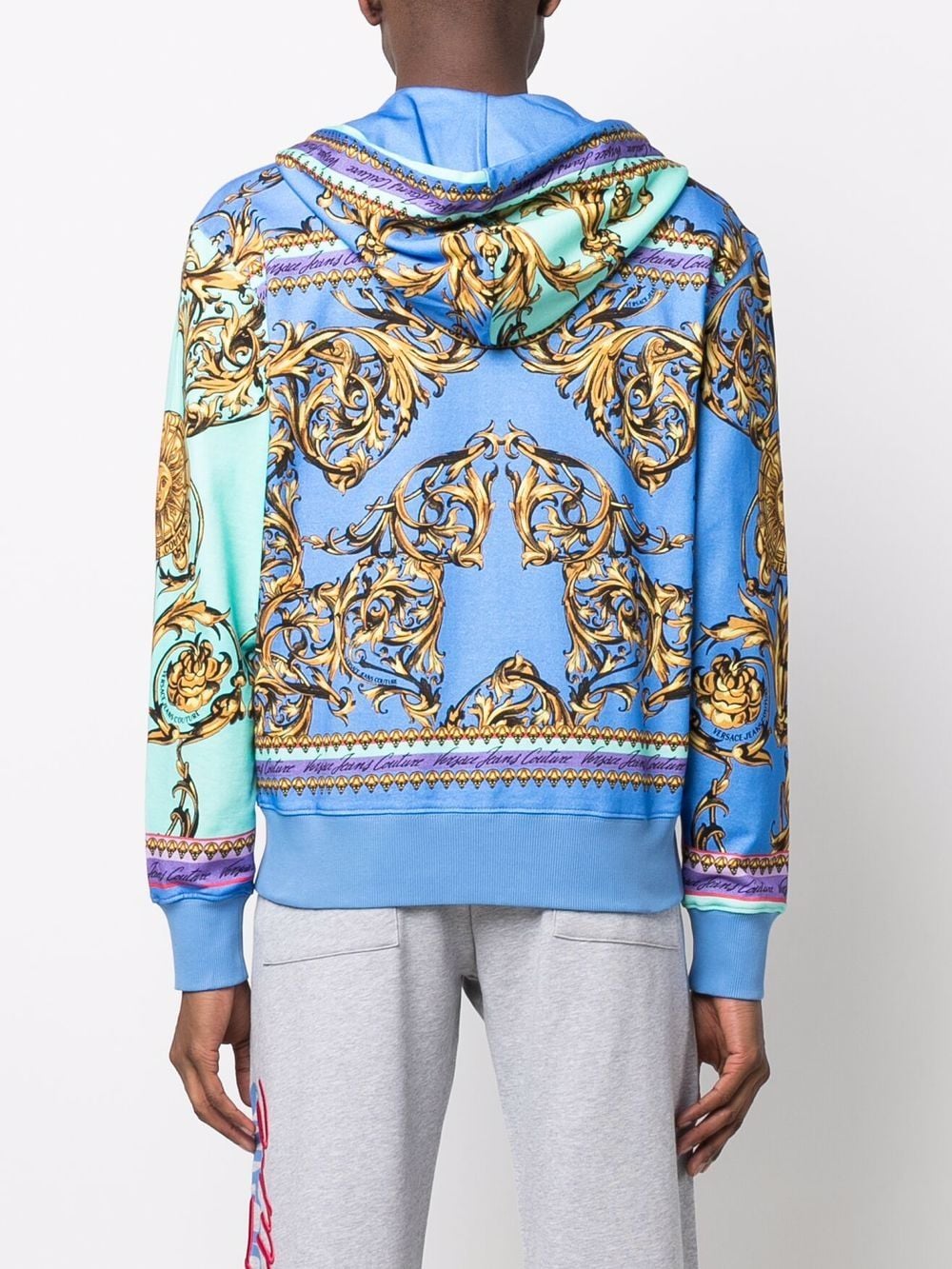 VERSACE Baroque-print zip-through hooded sweatshirt Blue - MAISONDEFASHION.COM