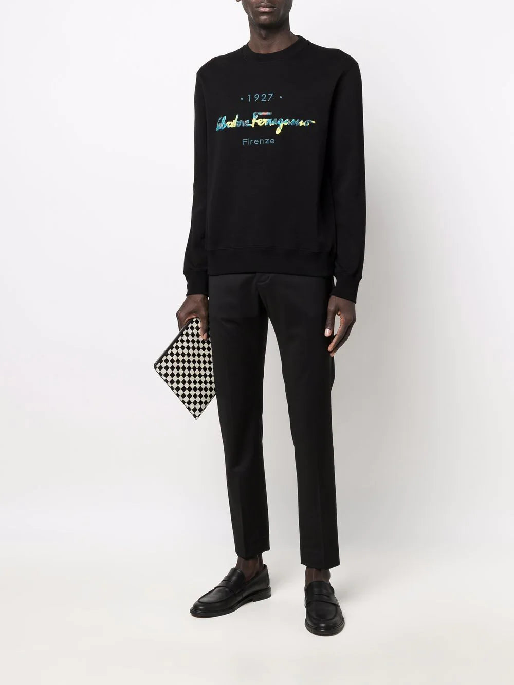 SALVATORE FERRAGAMO Logo Embroidered Crewneck Sweatshirt Black - MAISONDEFASHION.COM