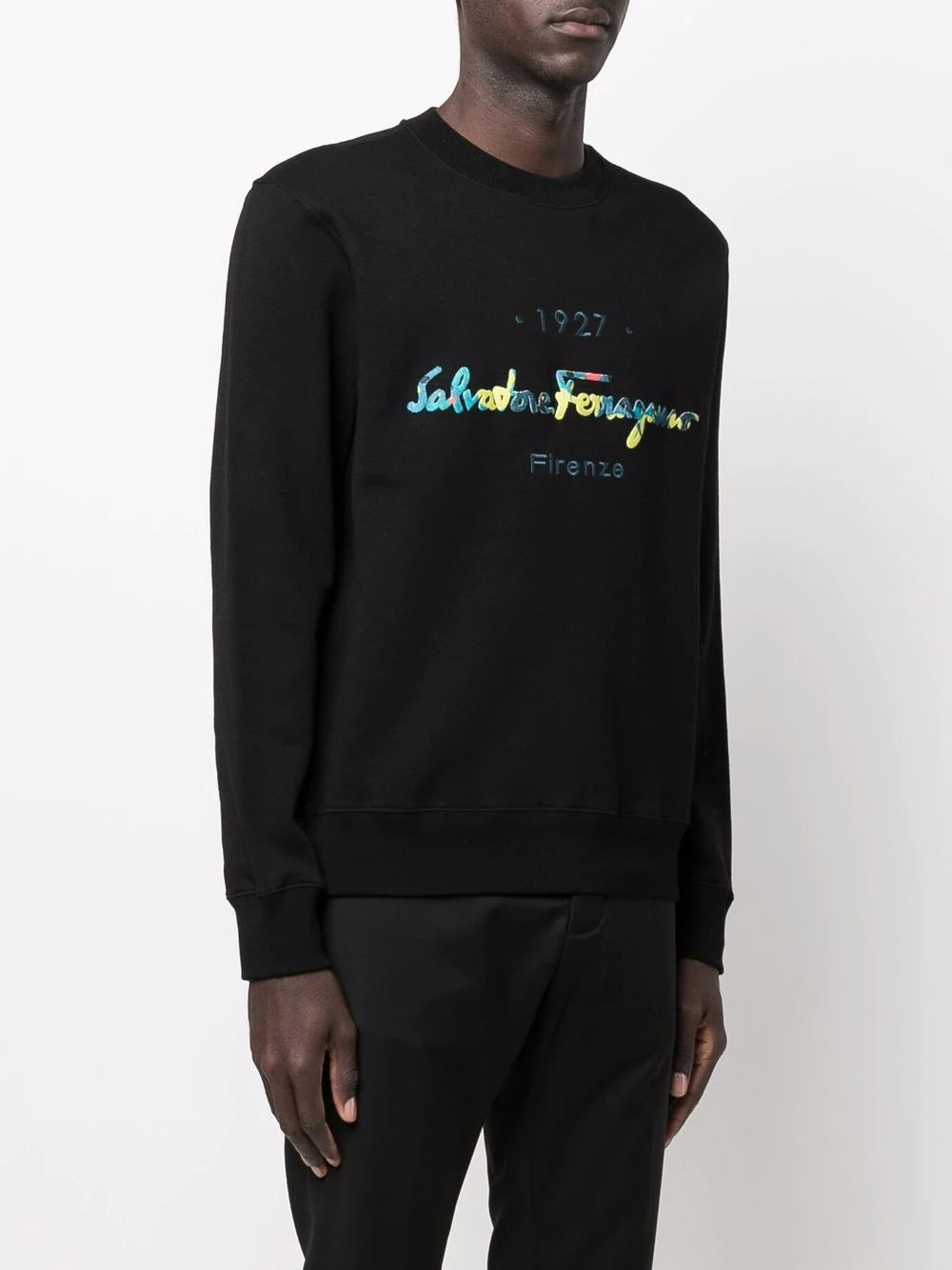 SALVATORE FERRAGAMO Logo Embroidered Crewneck Sweatshirt Black - MAISONDEFASHION.COM