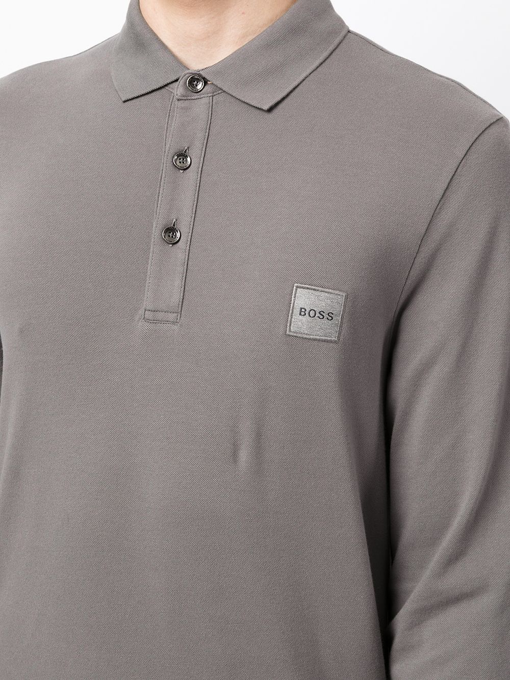 BOSS Logo Patch Long Sleeve Polo Shirt Grey - MAISONDEFASHION.COM