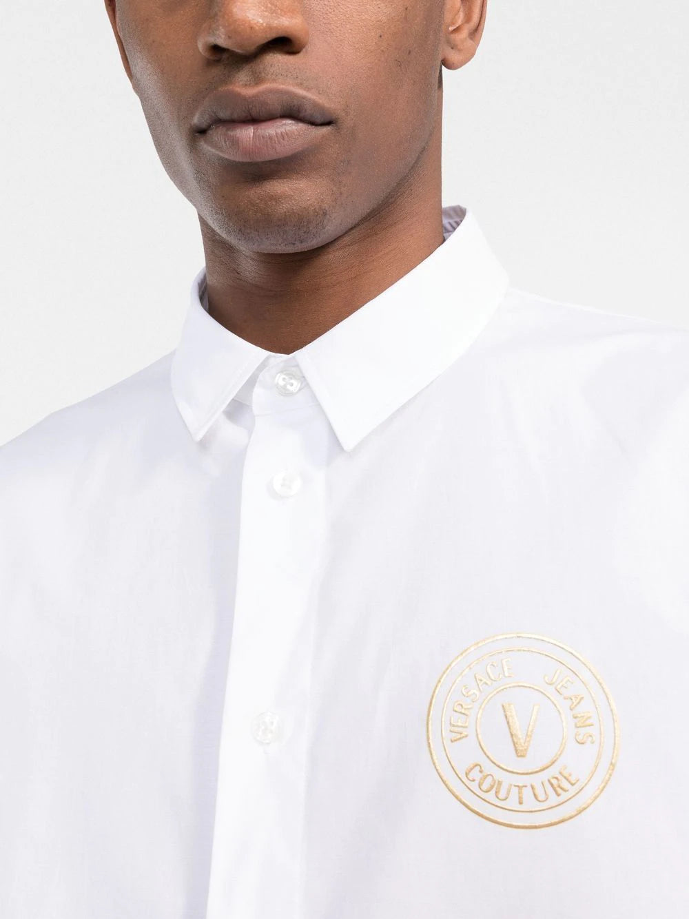 VERSACE V-Emblem Print Logo Shirt White - MAISONDEFASHION.COM