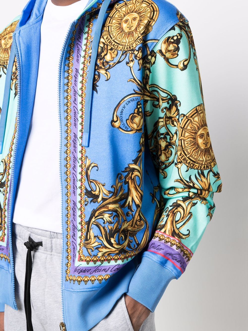 VERSACE Baroque-print zip-through hooded sweatshirt Blue - MAISONDEFASHION.COM