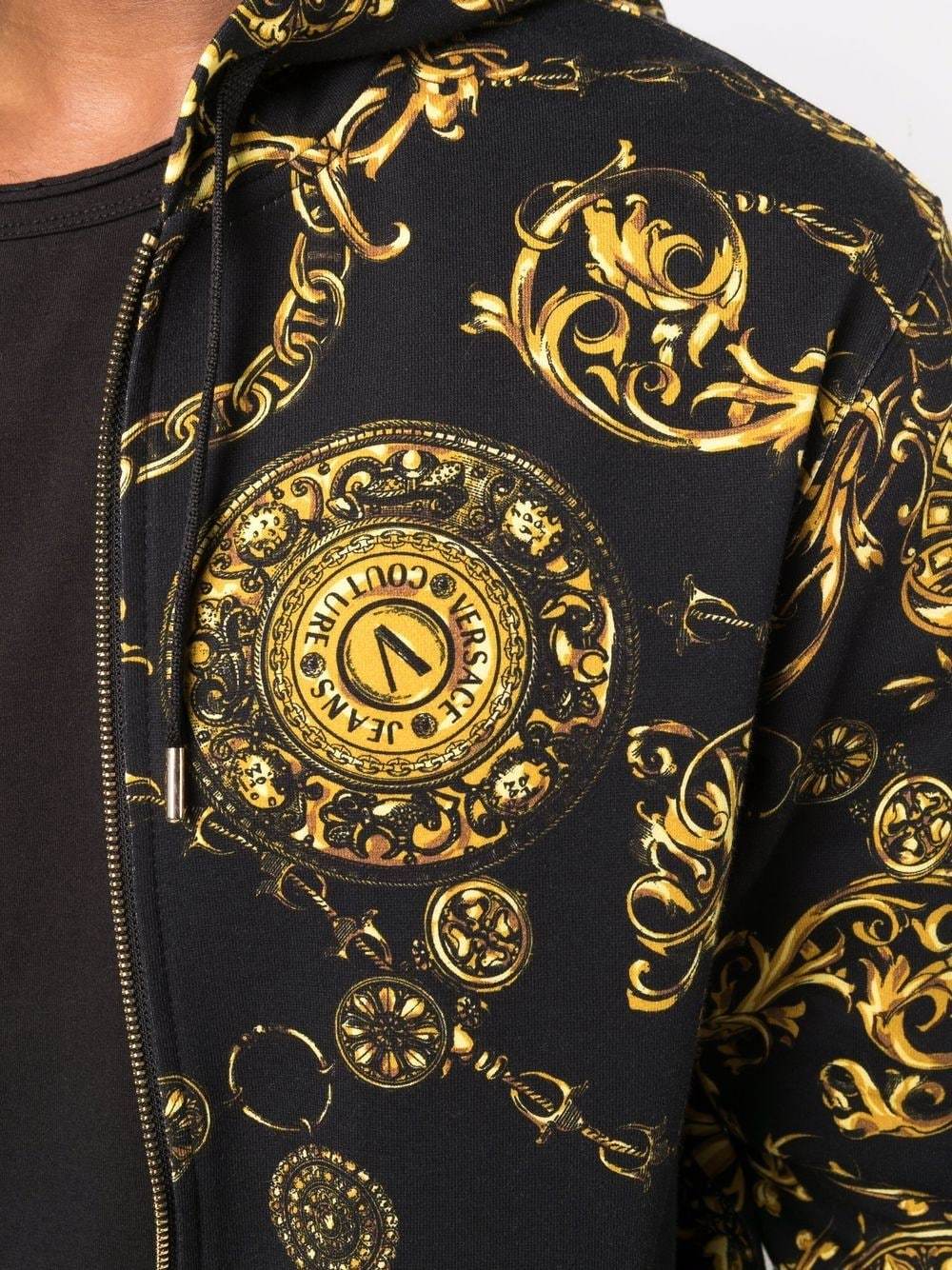 VERSACE Gold Baroque Print Zipped Hoodie Black MAISONDEFASHION.COM