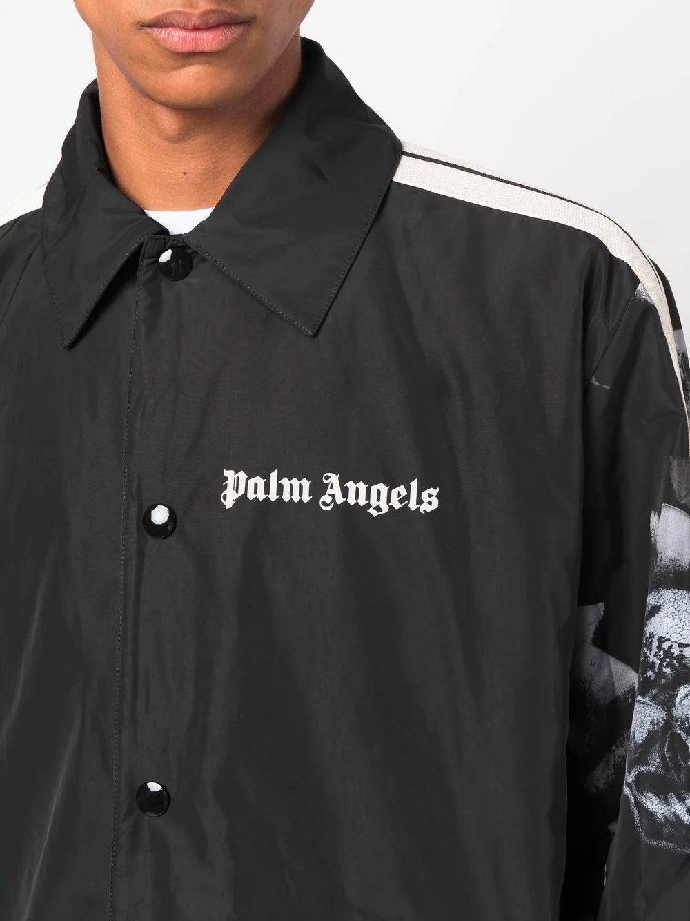 PALM ANGELS Sleeve Print Coach Shirt Jacket Black - MAISONDEFASHION.COM