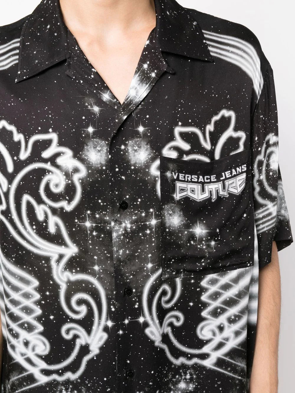 VERSACE Galaxy Print Logo Short Sleeve Shirt Black/White - MAISONDEFASHION.COM