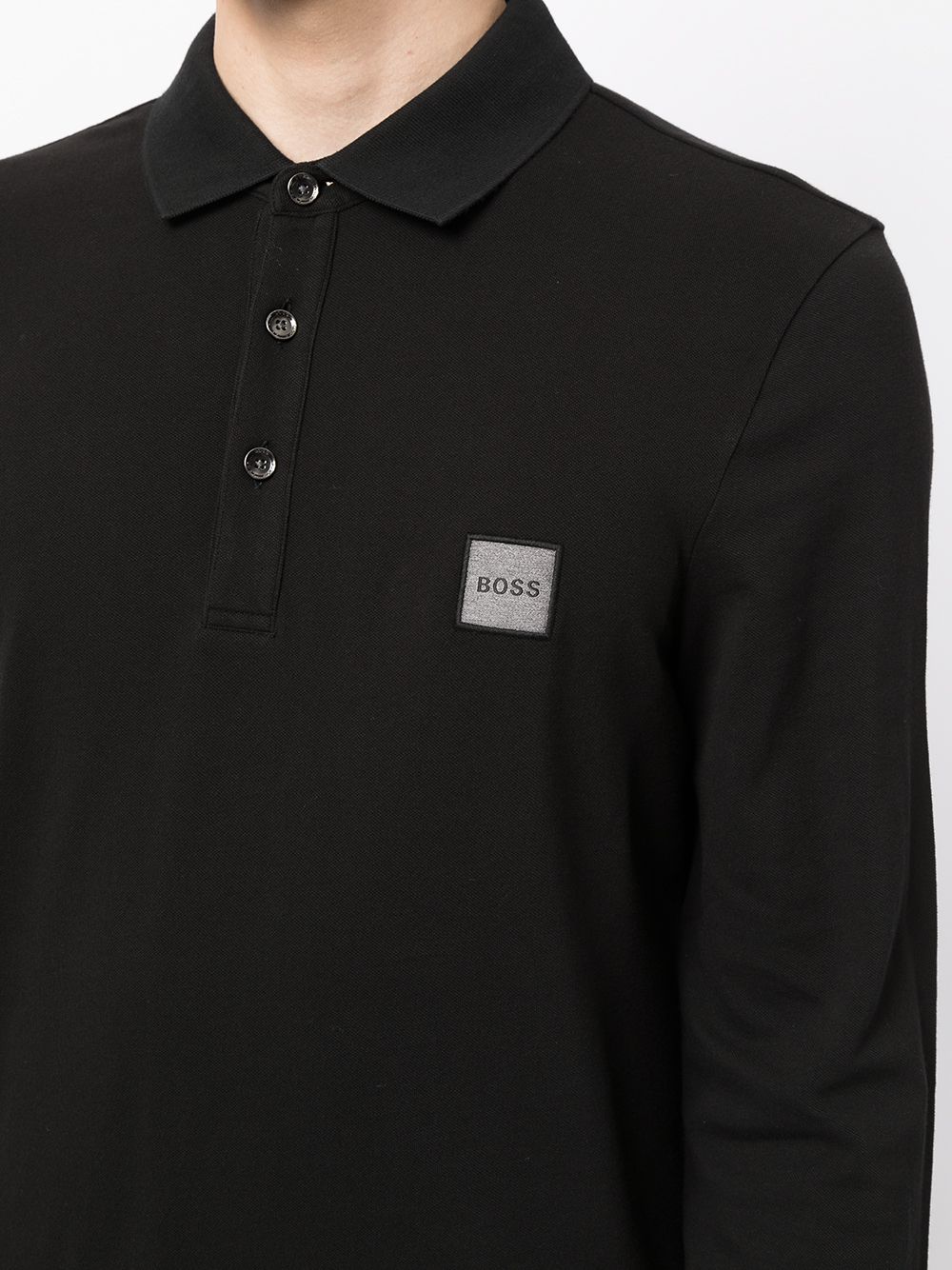 BOSS Logo Patch Long Sleeve Polo Shirt Black - MAISONDEFASHION.COM