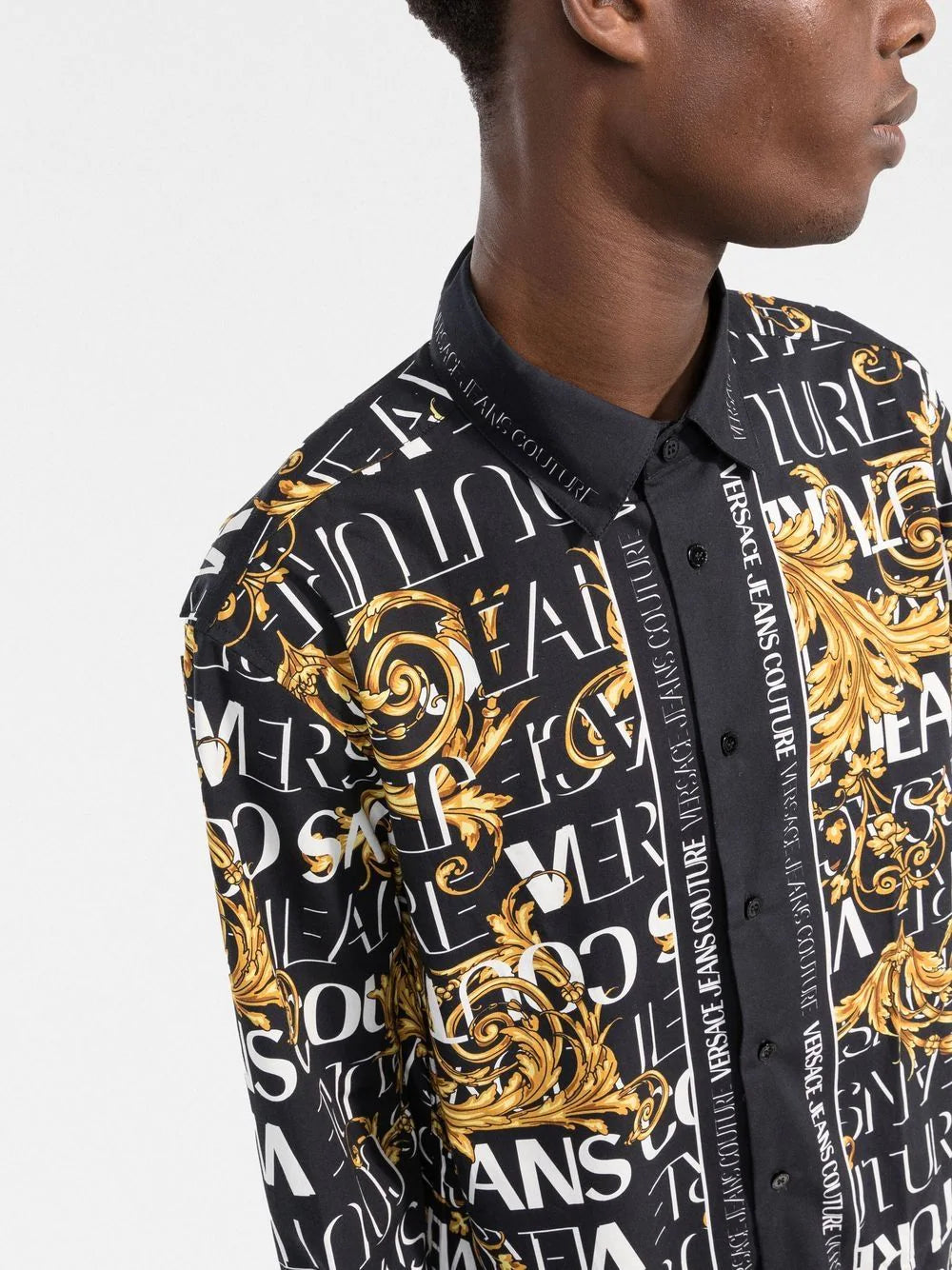 VERSACE Baroque Print Logo Long Sleeve Shirt Black - MAISONDEFASHION.COM