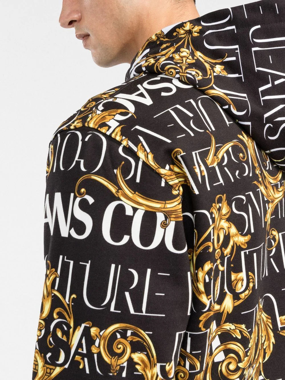 VERSACE Baroque Print Zip Up Hoodie Black - MAISONDEFASHION.COM