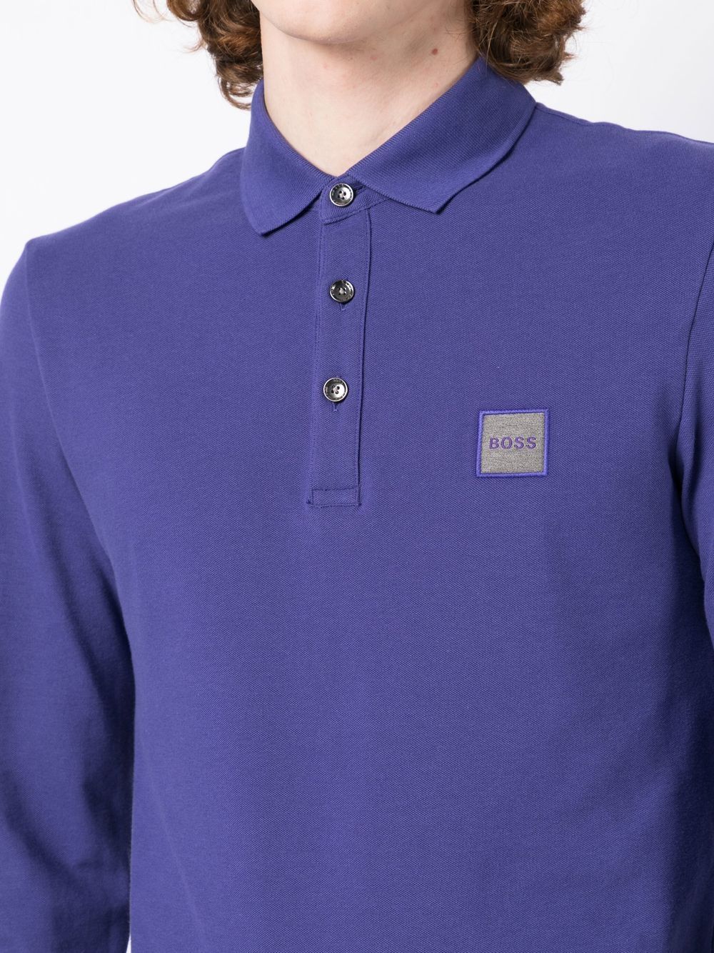 BOSS Logo Patch Long Sleeve Polo Shirt Purple - MAISONDEFASHION.COM