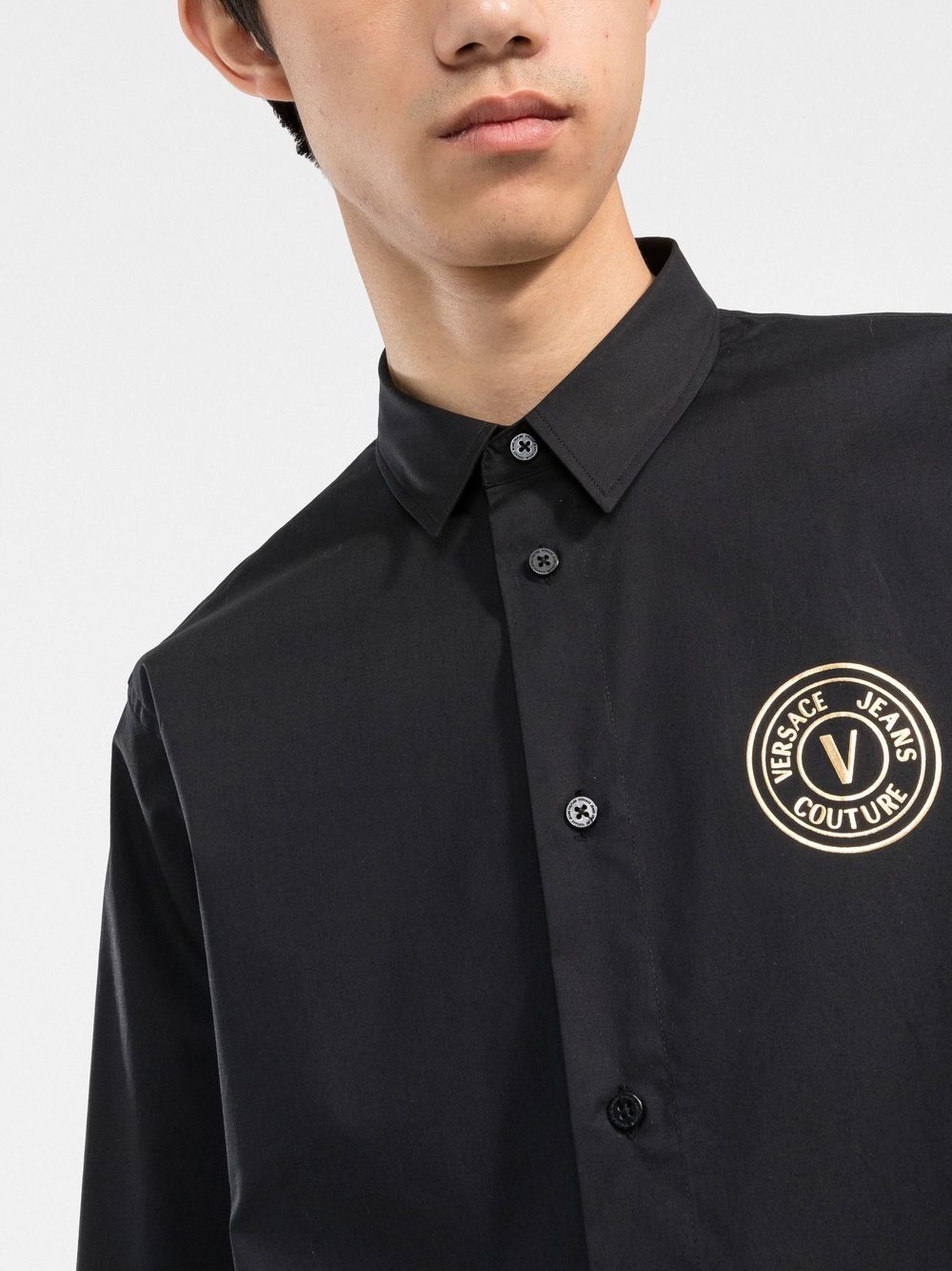 VERSACE V-Emblem Print Logo Shirt Black - MAISONDEFASHION.COM