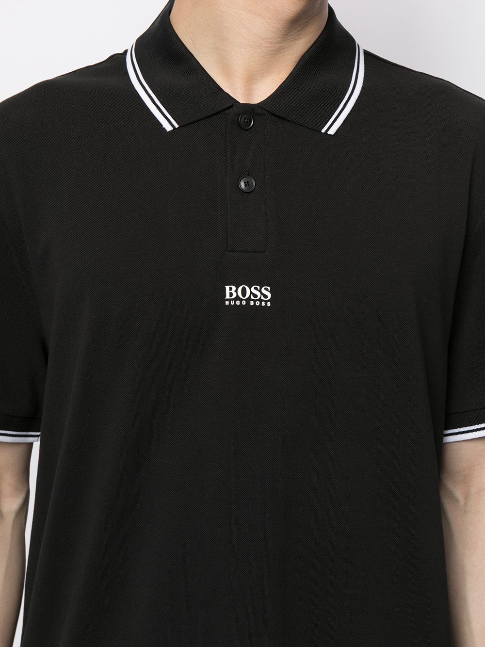 BOSS Striped Centre Logo Polo Shirt Black - MAISONDEFASHION.COM