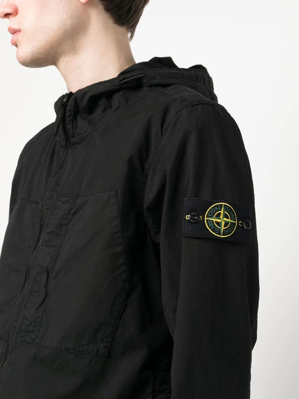 STONE ISLAND Logo Patch Zip Up Lightweight Jacket Black - MAISONDEFASHION.COM