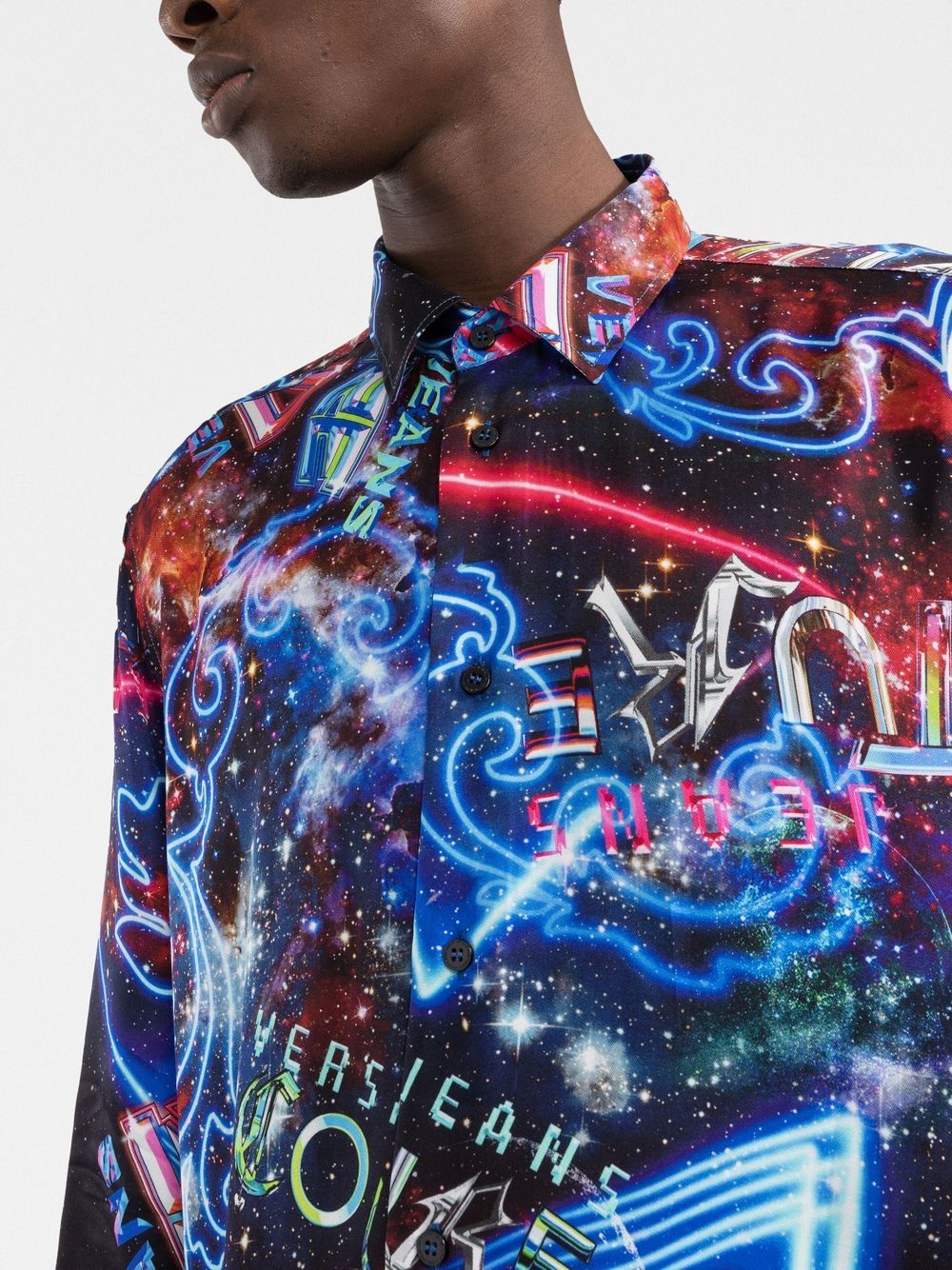 VERSACE Galaxy Print Logo Long Sleeve Shirt Multicolor - MAISONDEFASHION.COM