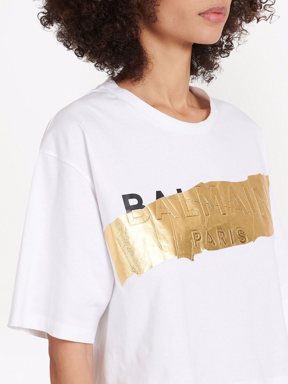 BALMAIN WOMEN Gold Tape Cropped T-Shirt White - MAISONDEFASHION.COM