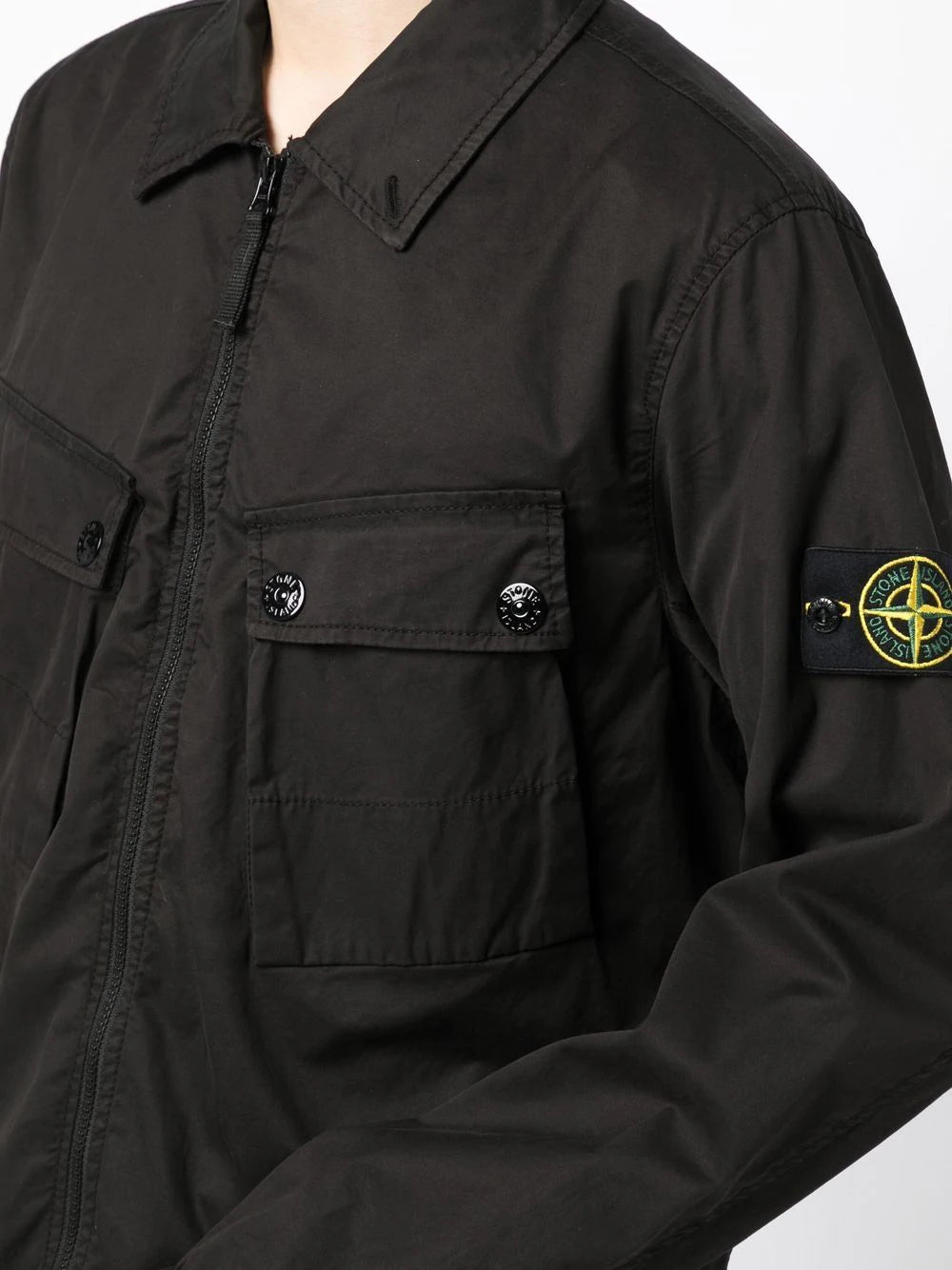 STONE ISLAND Compass-patch zip-up shirt Black - MAISONDEFASHION.COM