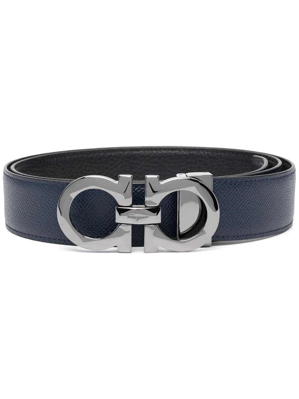 SALVATORE FERRAGAMO Leather Embossed Gancini Belt Navy/Black - MAISONDEFASHION.COM