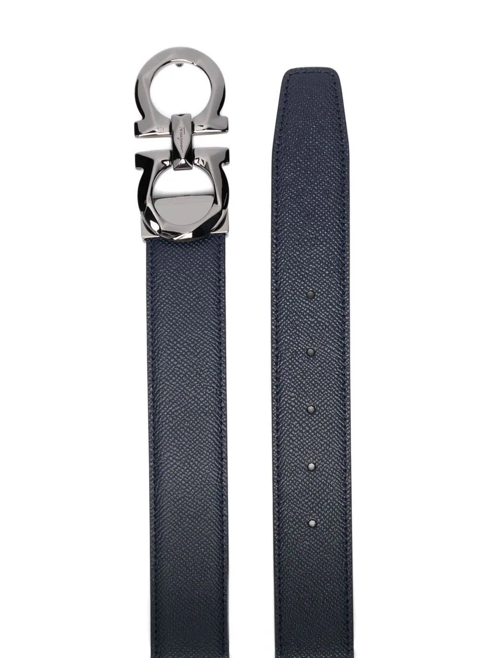 SALVATORE FERRAGAMO Leather Embossed Gancini Belt Navy/Black - MAISONDEFASHION.COM