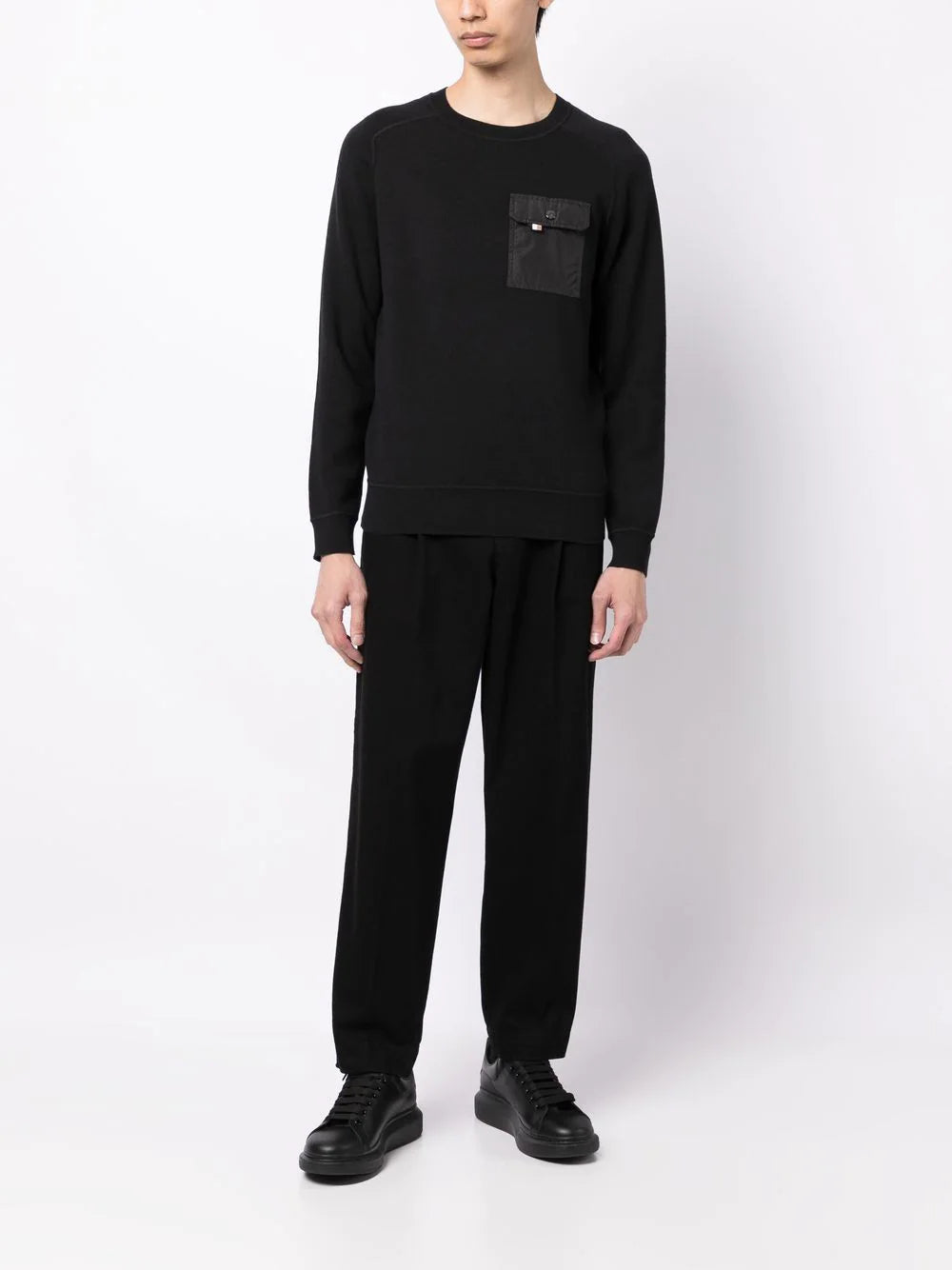 BOSS Chest Pocket Round Neck Sweater Black - MAISONDEFASHION.COM