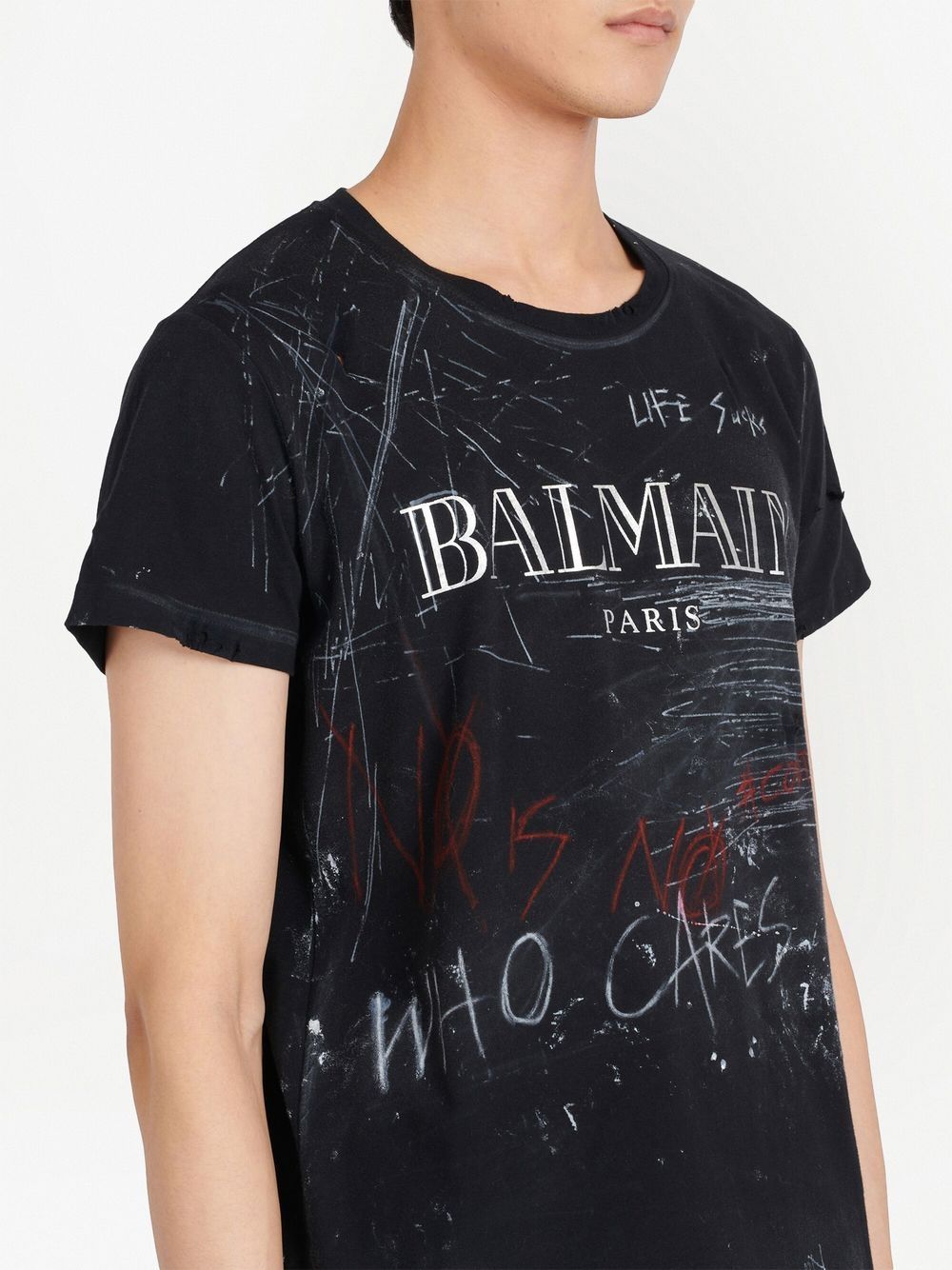 BALMAIN Logo-print Slogan T-shirt Black/White/Red - MAISONDEFASHION.COM