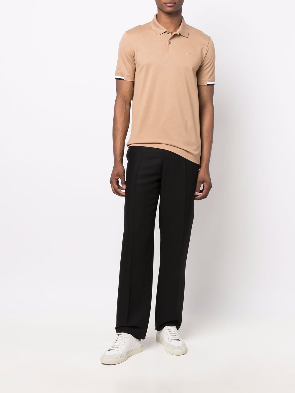 BOSS Stripe-trimmed Polo Shirt Beige - MAISONDEFASHION.COM