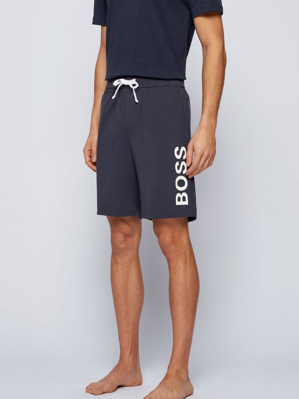 BOSS Printed Logo Cotton Shorts Navy - MAISONDEFASHION.COM