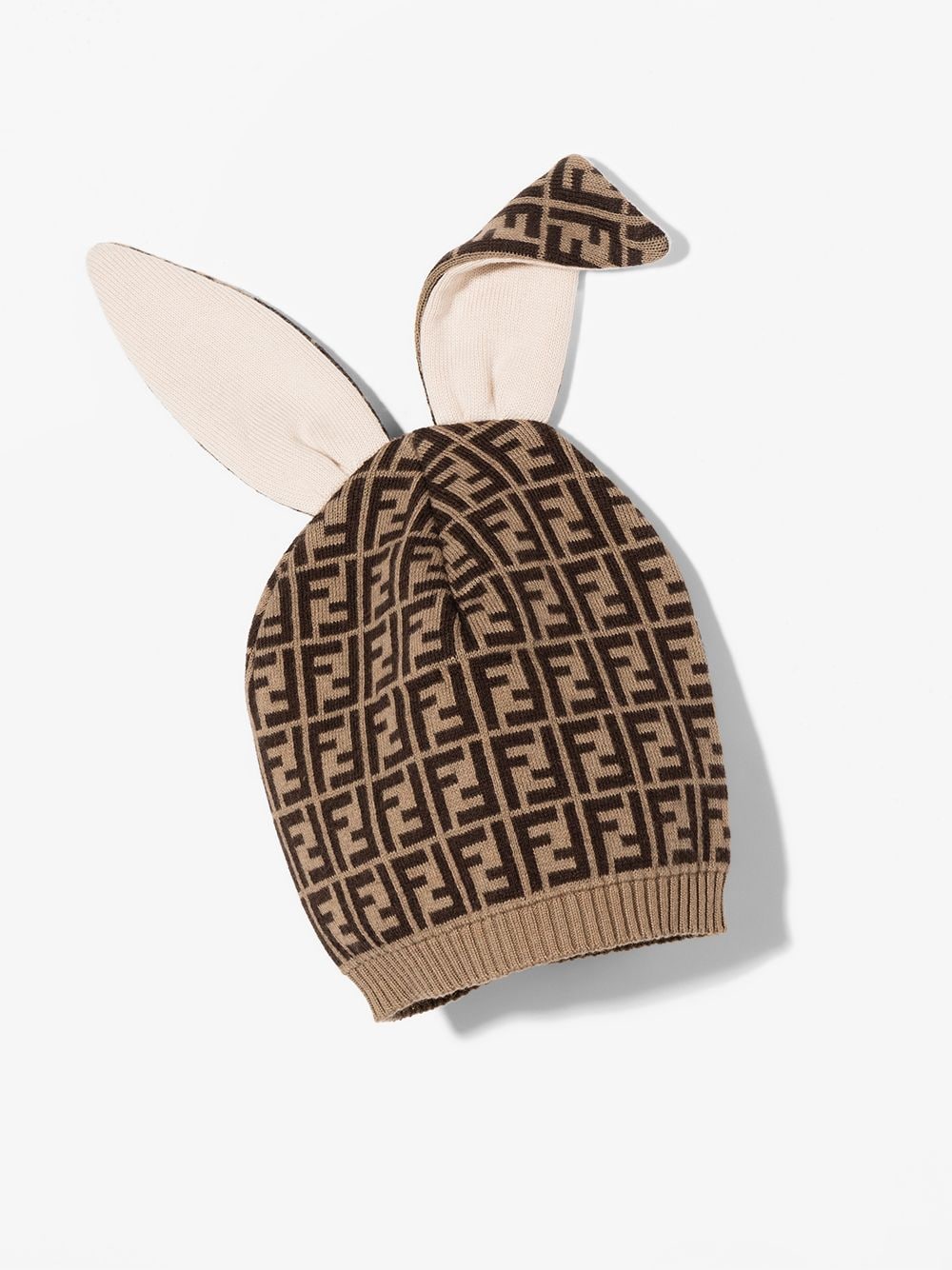 FENDI KIDS Jacquard FF-motif Bunny Beanie Brown - MAISONDEFASHION.COM