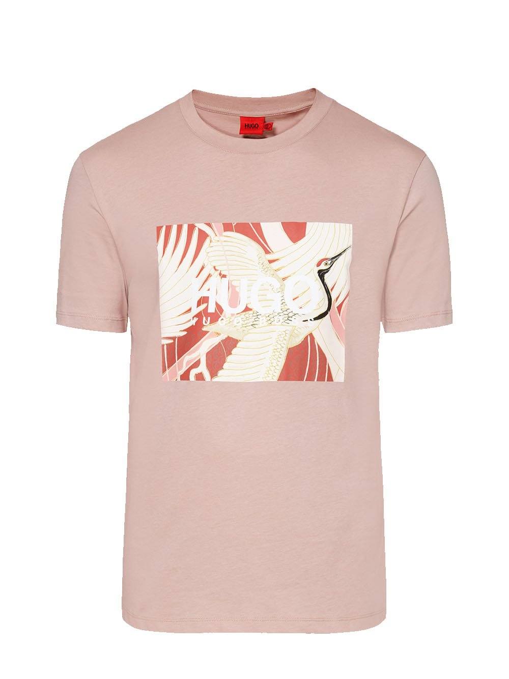 HUGO Japanese-crane print T-shirt Brown - MAISONDEFASHION.COM
