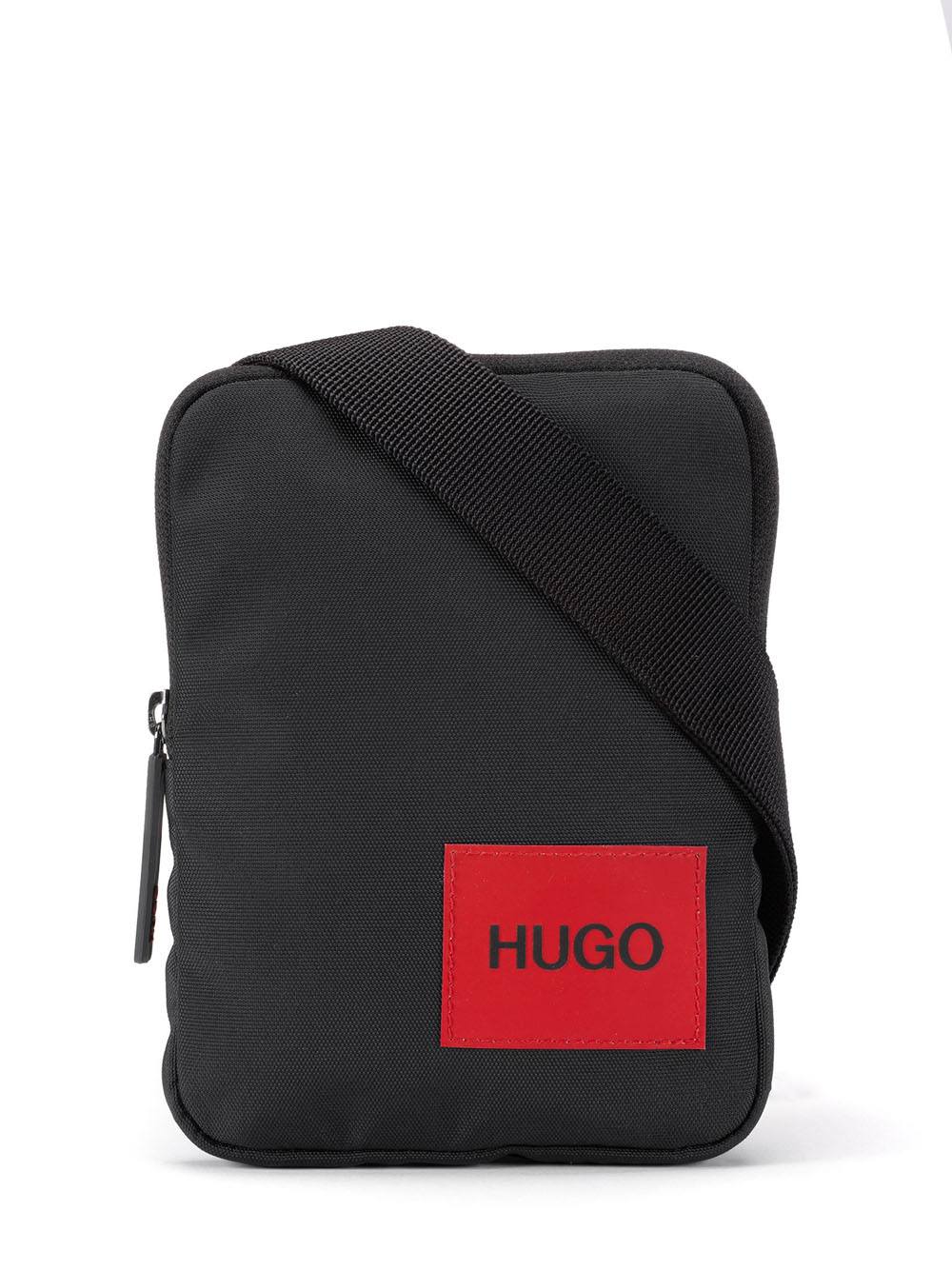 HUGO Recycled nylon Reporter Logo bag Black - MAISONDEFASHION.COM