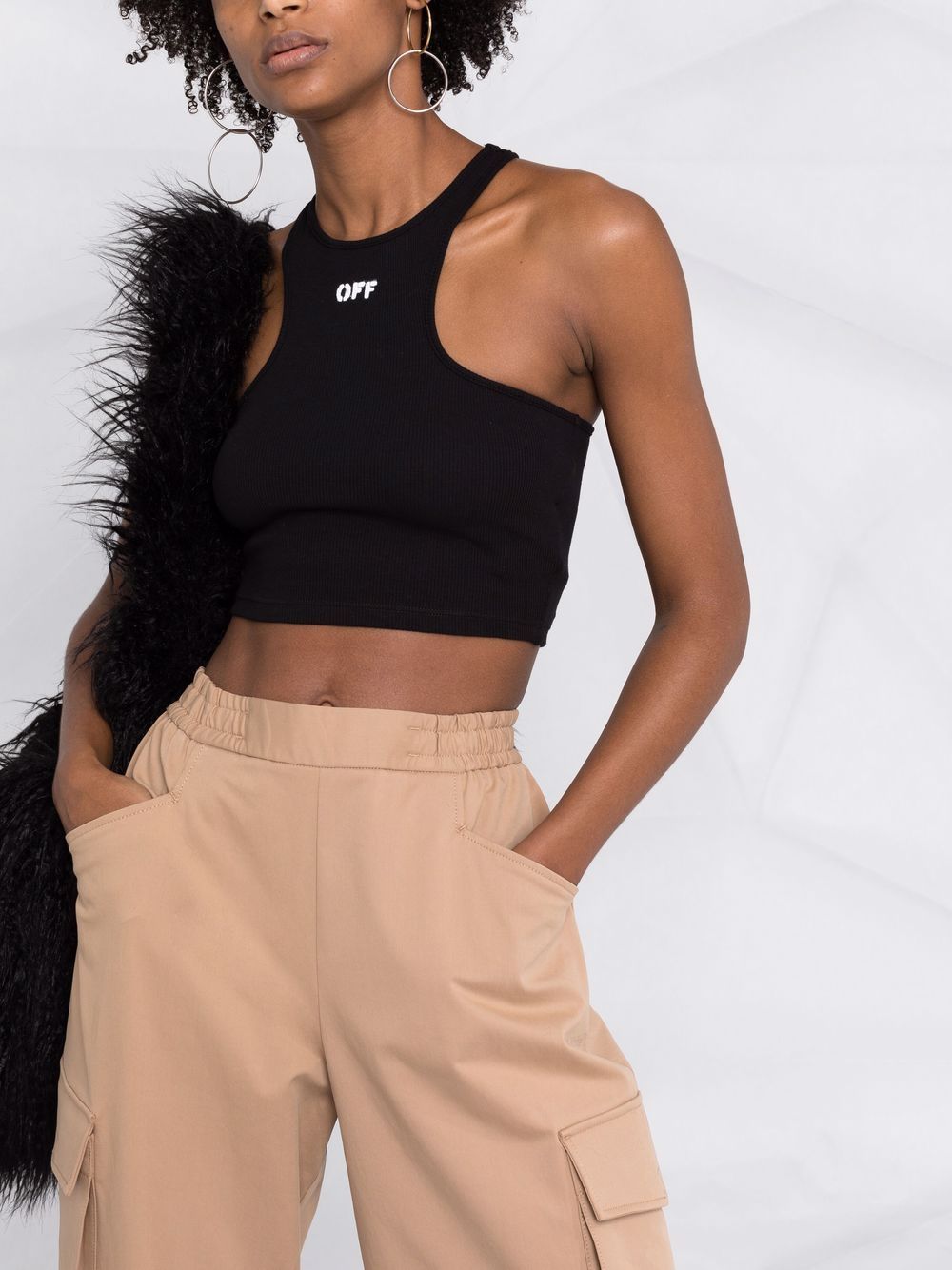 OFF-WHITE WOMEN Off-Stamp Ribbed Crop Top Black/White - MAISONDEFASHION.COM