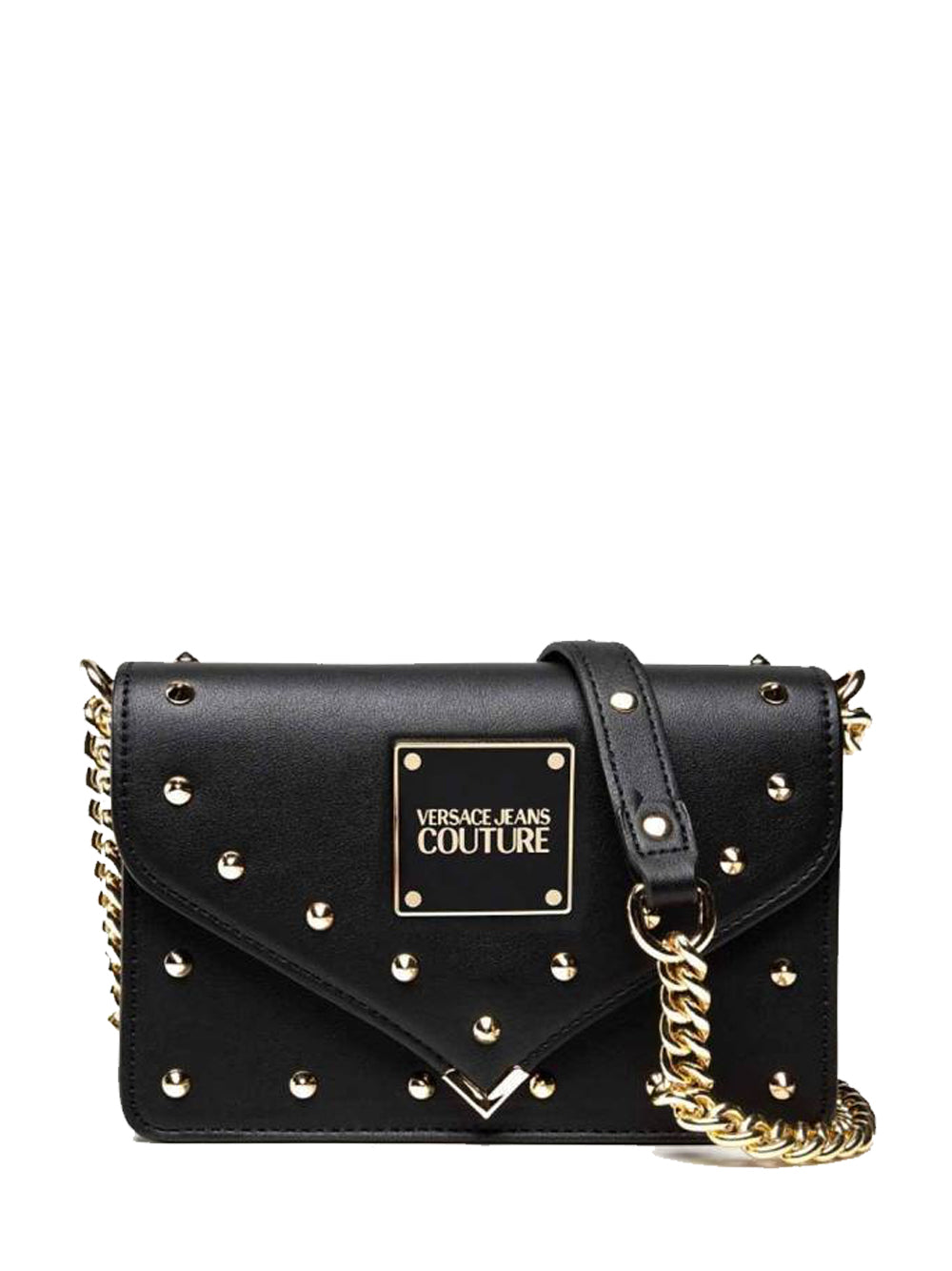 VERSACE WOMEN Logo Plaque Studded Crossbody Bag Black - MAISONDEFASHION.COM