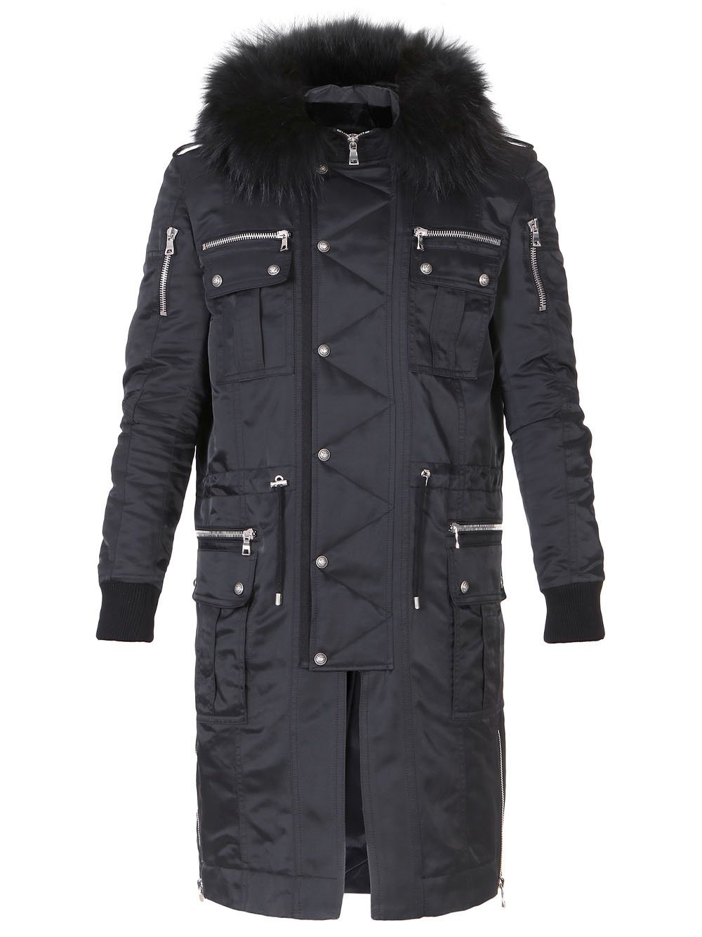 BALMAIN Buttoned Parka Coat With Fur Hood Black - MAISONDEFASHION.COM